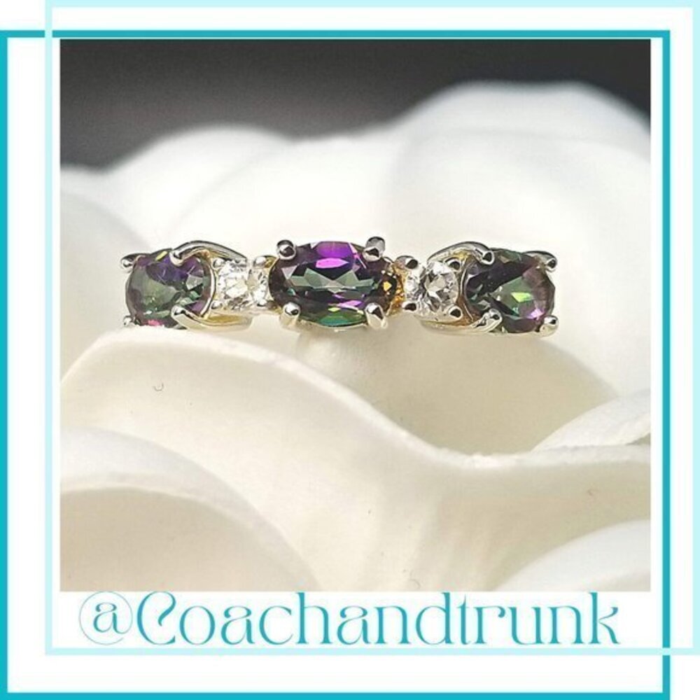 925 Sterling Silver Genuine Mystic Fire Topaz Oval Cut & White Topaz Size 9 NWT